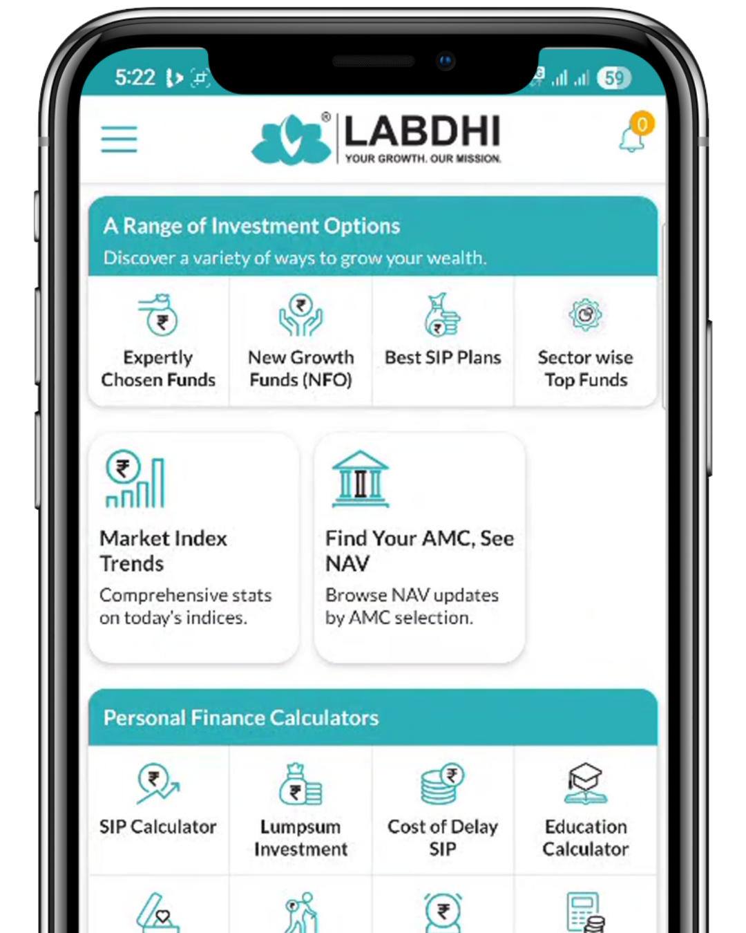 The Labdhi mutual fund app home screen