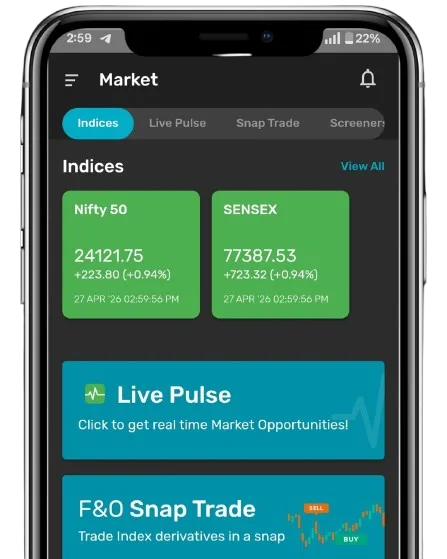 The Labdhi app's Market screen: indices, Live Pulse and F&O Snap Trade